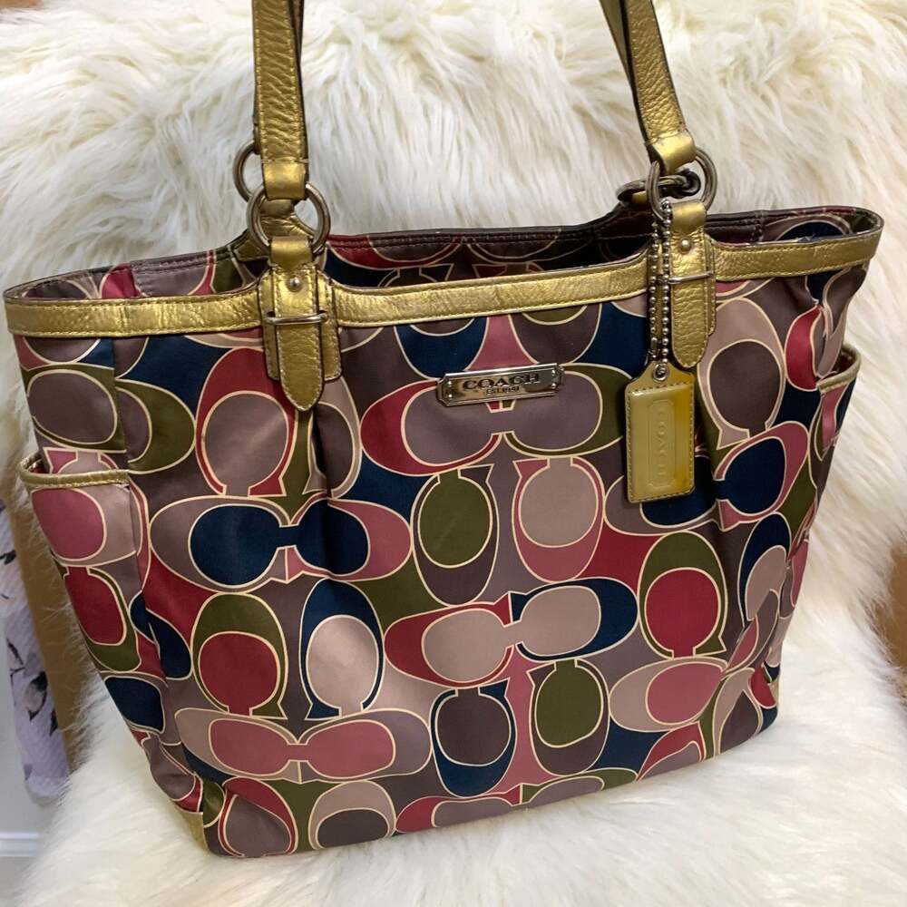 COACH Large Multicolor Scarf Print Satin Signature Optic Y2K Vintage Tote F19819